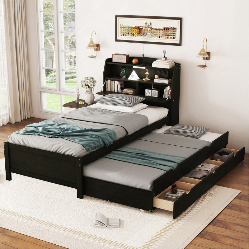Lit plateforme simple en bois avec lit gigogne et tête de lit à DEL avec tiroir, Noir