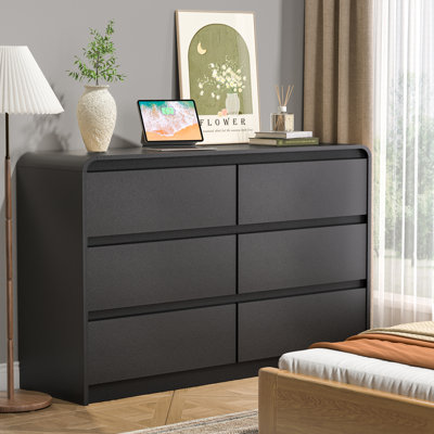 Commode 6 tiroirs, commode moderne de 47 po de largeur, conception à profil incurvé, meuble télé, organisateur de tiroir en bois pour chambre à coucher, salon, couloir (noir, 6 tiroirs)