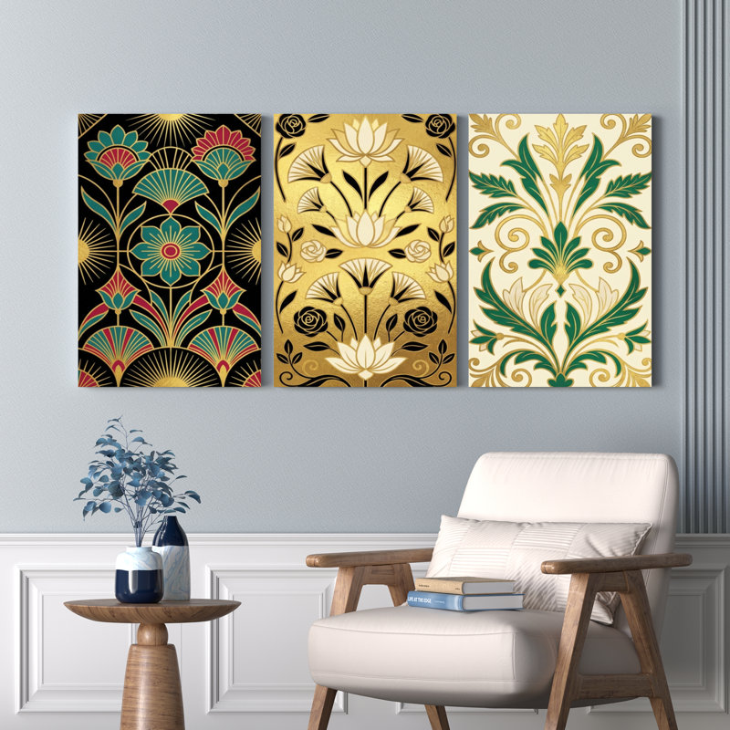 Ensemble de 3 tableaux sur toile à motifs floraux Art déco pour la décoration du salon et de la chambre, H 30 po x l 60 po