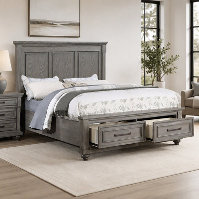 King Size Bed w Underbed Drawer Gray Color Tall Panel Headboard 1pc Bedframe Wood Grain Transitional Style