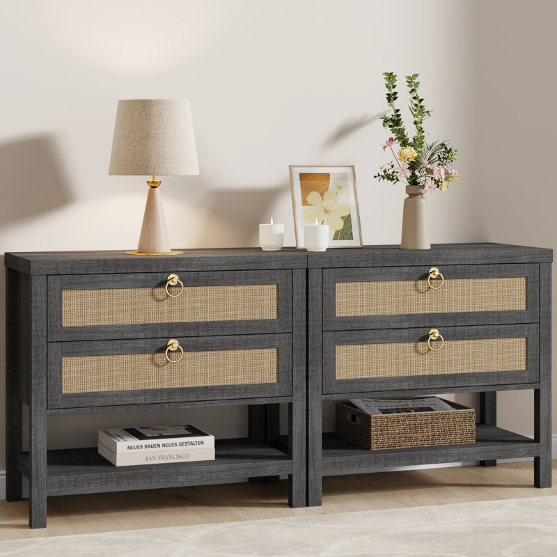 Grandes tables de chevet Boho avec 2 tiroirs et 1 tablette , Chêne noir, Ensemble de 2