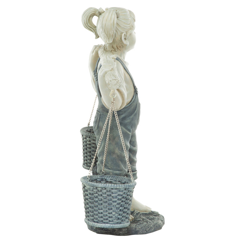 Large Off-White Resin Little Girl Garden Statue with Faux Woven Baskets