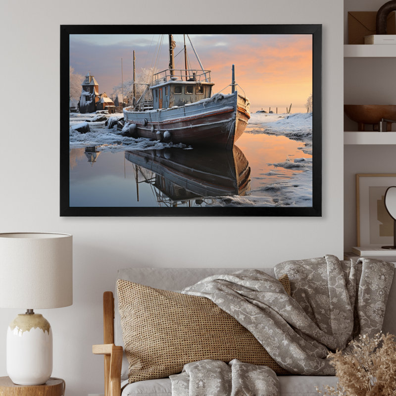 Winter Icy Harbor II - Imprimé, Cadre simple noir, H 34 po x l 44 po x P 1,5 po