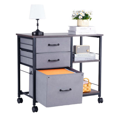 Mobile Metal File Cabinet With 3 Fabric Drawers And 2 Open Shelves,  For Organized And Efficient Office Spaces