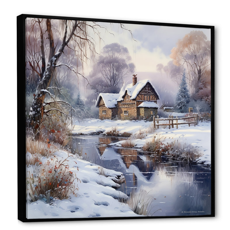 Charme d'hiver à la maison de campagne, Cadre flottant noir, H 36 po x l 36 po x P 1,5 po