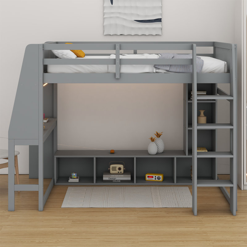 Lit mezzanine en bois avec bureau, étagères à rangement multiples, DEL et portemanteau suspendu
