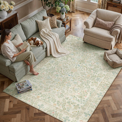 Tapis lavable à motif floral moderne Griffin avec envers antidérapant