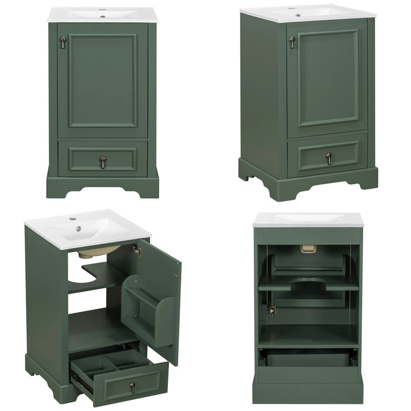 Meuble-lavabo moderne de 20 po avec lavabo en céramique - porte à fermeture en douceur, tablette ajustable en forme de U, support de tiroir et de porte à compartiments, structure en bois massif, conception compacte pour les petites salles de bain
