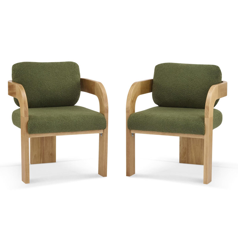 2-Pack Dining Chairs with Pillow Back, Fabric, Natural Colour Solid Wood Frame, Natural, Green