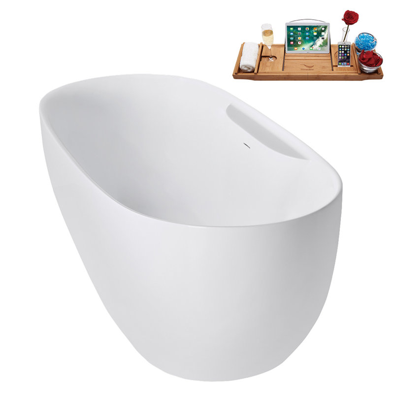 67" Streamline Soaking Glossy White Freestanding Tub and Tray With Internal Drain, Brushed Brass