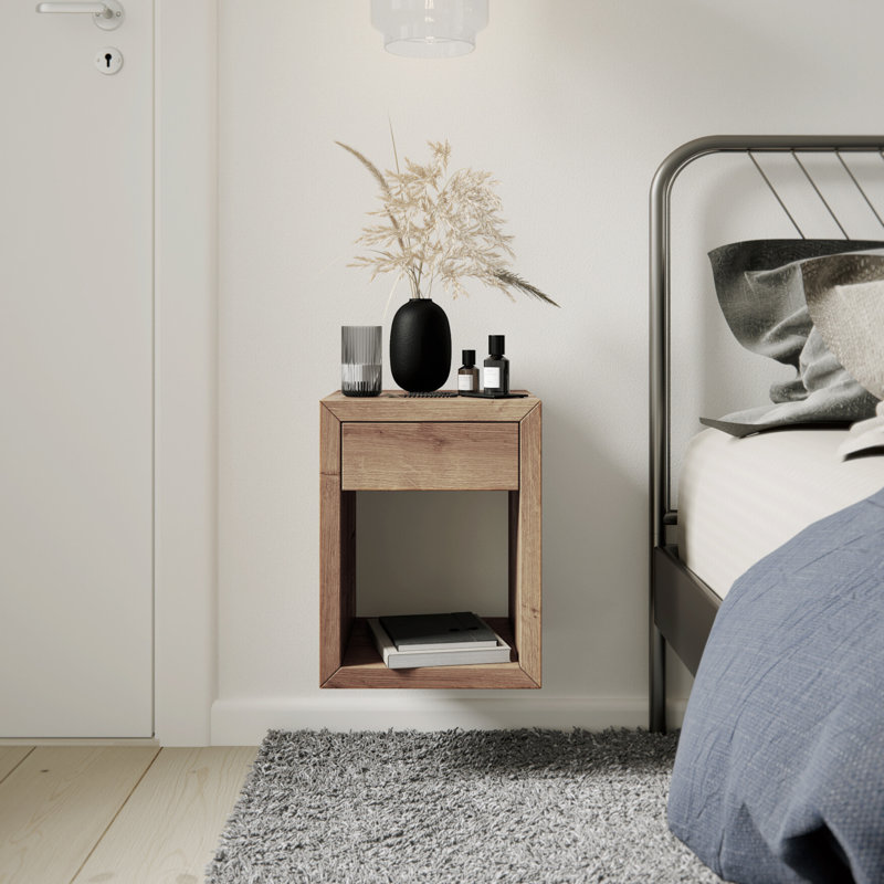 Eck - Scandinavian Style Oak Solid Wood Floating Nightstand With 1 Drawer