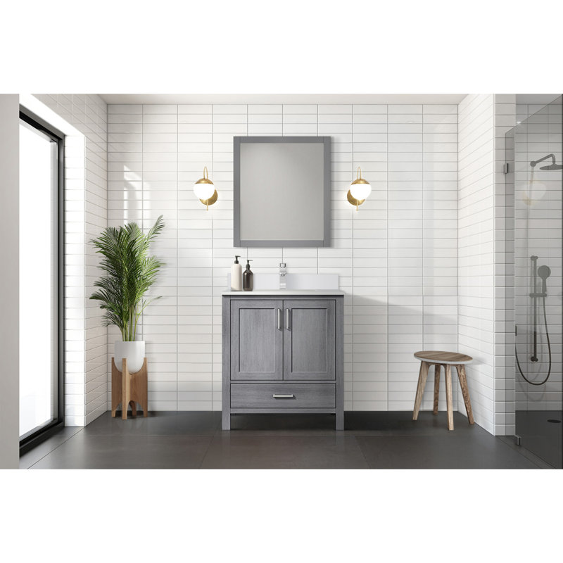 Meuble-lavabo gris patiné 30 po X P 22 po D, dessus en quartz blanc et ensemble de robinet