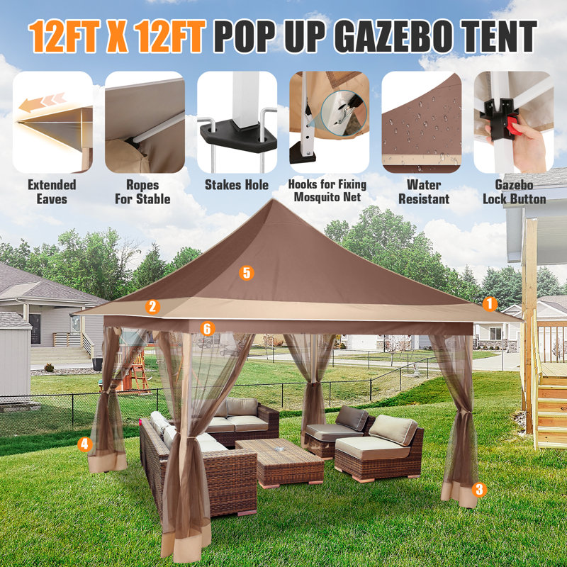 Brown and Beige 12x12ft Waterproof Pop-Up Gazebo Tent with Mosquito Netting