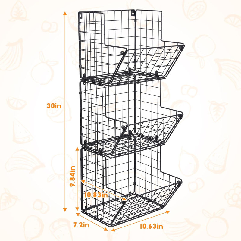 3‑Tier Stackable & Wall Mounted Storage Baskets – Metal Wire Hanging Organizer, Space‑Saving for Kitchen, Pantry, Bathroom, Heavy‑Duty 20LB Capacity Each