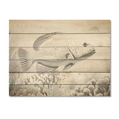 Mono gris et blanc poisson monde - corail côtier sous l'eau, art mural sur bois de pin naturel