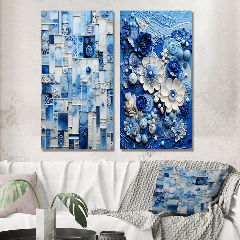 «Blue and White Botanical Tiles I», ensemble de 2 reproductions d'art sur toile, Toile tendue, H 32 po x l 33 po