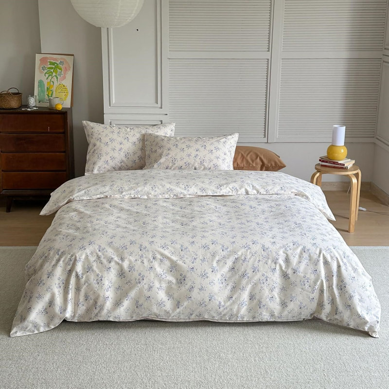 Cotton Floral Print Duvet Cover Set, Purple Floral, Full Duvet Cover + 4 Additional Pieces