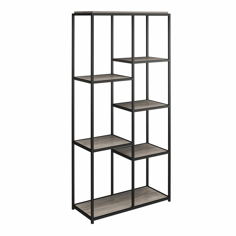 Aimslee 180cm H x 86cm W Stainless Steel Etagere Bookcase, Grey Oak/Black