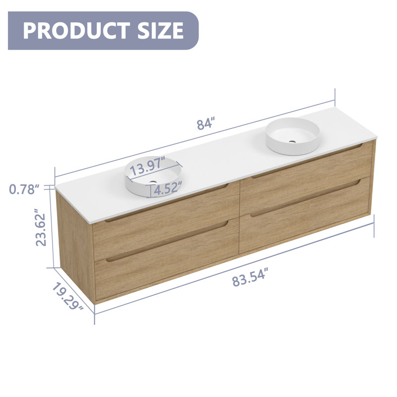 Meuble-lavabo double 84 po avec comptoir en pierre de quartz blanc et lavabos ronds en céramique 84 po, Rond