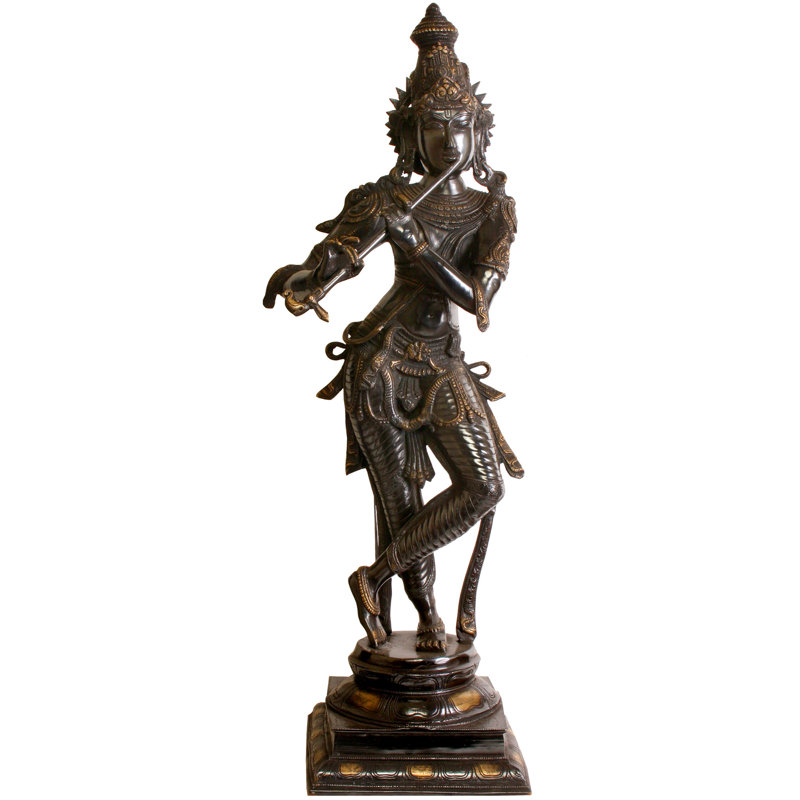 Statue de Lord Krishna en laiton noir 36 "Handy" Shyam Sundar | Grand joueur de flûte à finition antique pour vestibule et salle de méditation