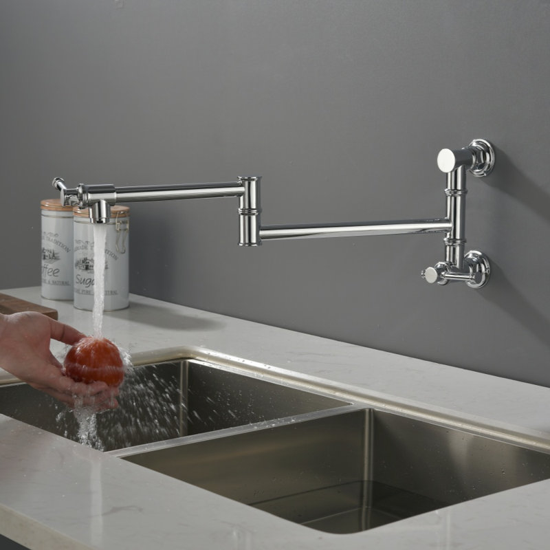 Robinet de cuisine mural à bras articulé pliable, robinet de cuisine à deux poignées en laiton massif pour utilisation sur une cuisinière