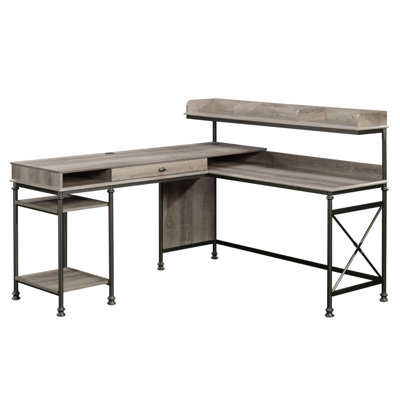 Industrial L-Shaped Desk With Built-In Usb Ports And Grommet Holes, Brown Finish