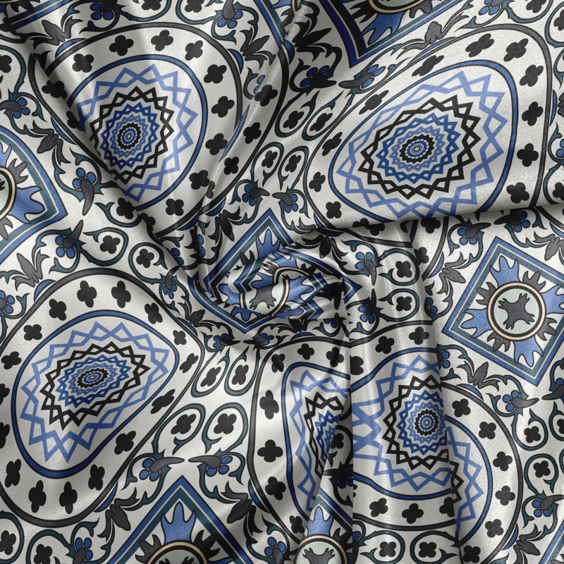 Rustic curtain, mosaic motif, white blue gray