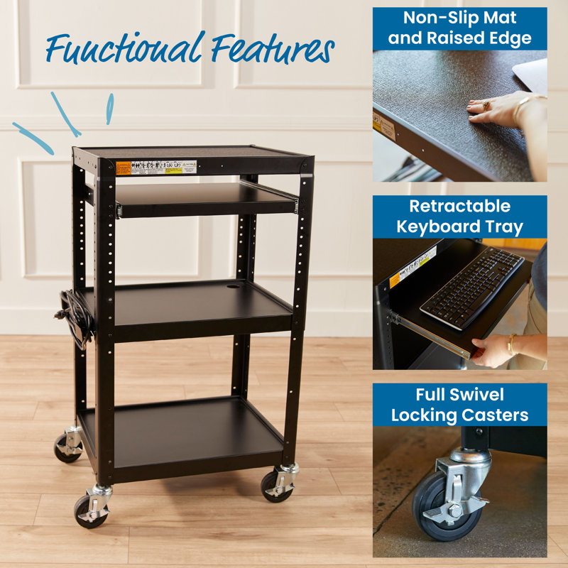 Black Alloy Steel Rolling AV Presentation Cart with Adjustable Shelves