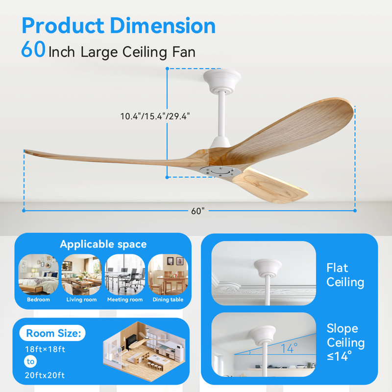 Kemp 60" 3-Solid Wood Blade Indoor/Outdoor Large Ceiling Fan With Remote,no light, White with Light Yellow Wood Blades