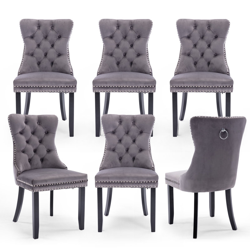 Chaise de salle à manger en velours capitonnée avec pieds en bois massif (ensemble de 6), Gris