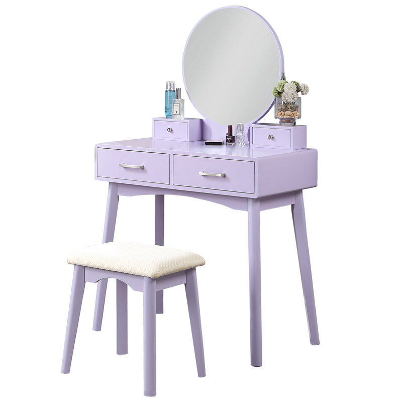 Contemporary Purple Vanity And Stool, Cushion For Added Comfort Wood Stool - Modern Style With Storage, Solid Frame, , 17.52"w Dimension
