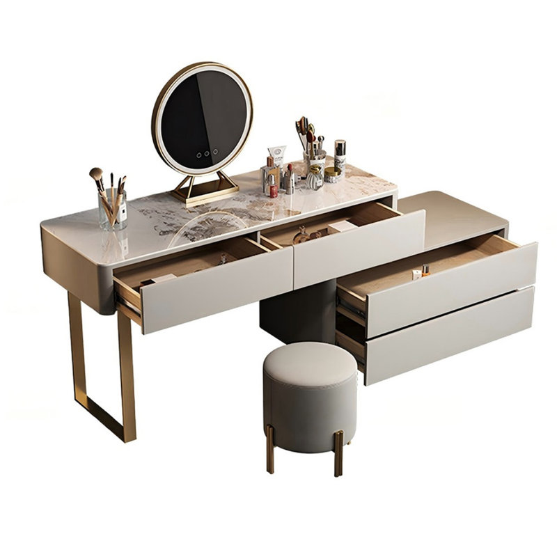 Coiffeuse avec miroir lumineux, 4 tiroirs, prise de courant