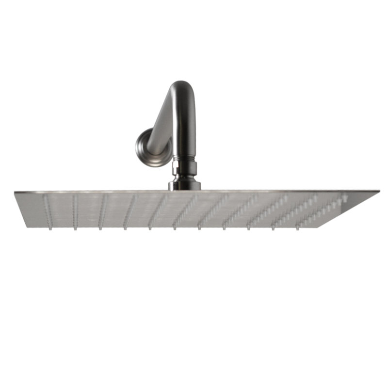 12" Square Thin Rainfall Shower Head with 1/2" IPS x 10" IPS Wall Mount 90-Degree Arm and Flange, Satin Nickel