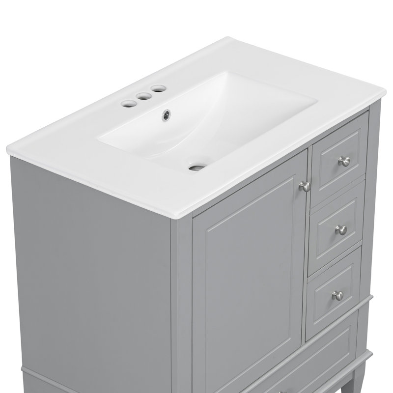 Meuble-lavabo 30 po avec lavabo, une porte avec tablette et trois tiroirs, porte à fermeture douce, gris, Gris, Argent argent