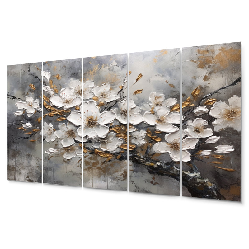 White Grey Cherry Blossum Harmony I Plants & Flowers Wall Decor on Metal