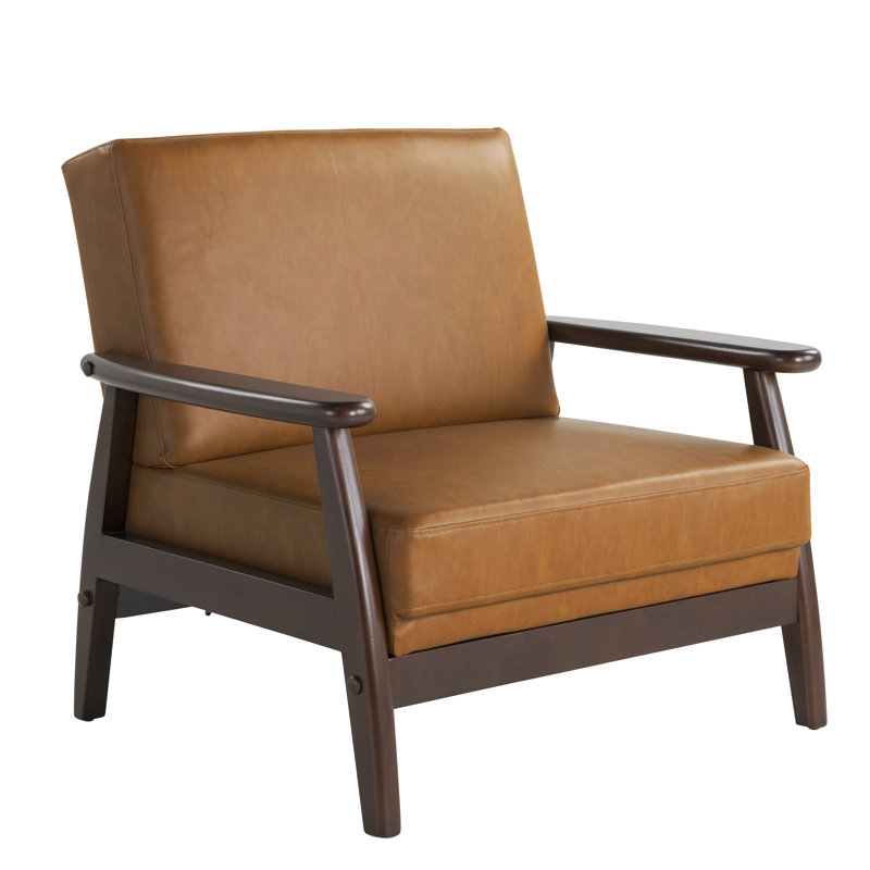 Augustus 36.6" Modern Solid Wood Accent Chair Upholstered in Faux Leather, Carmel Faux Leather