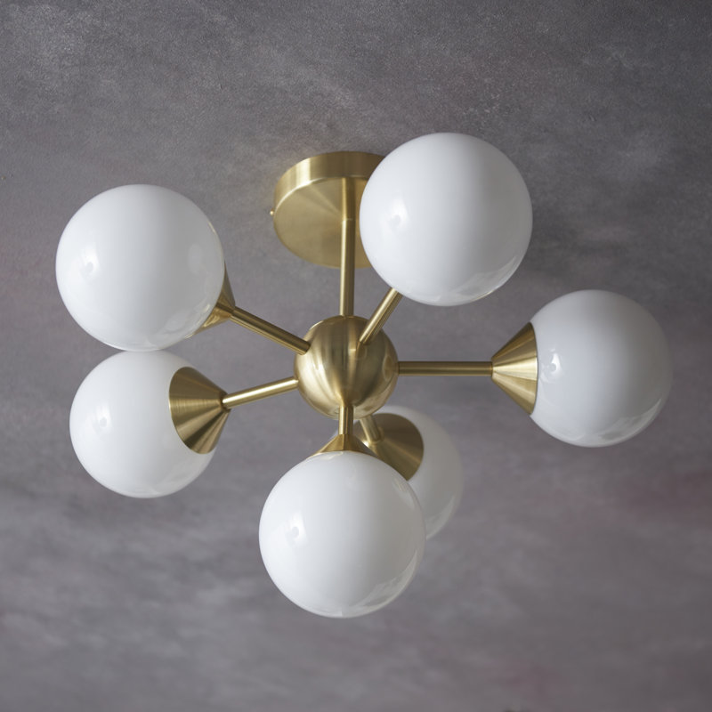 Jaxon Glass Semi Flush Mount, Satin brass/gloss white glass