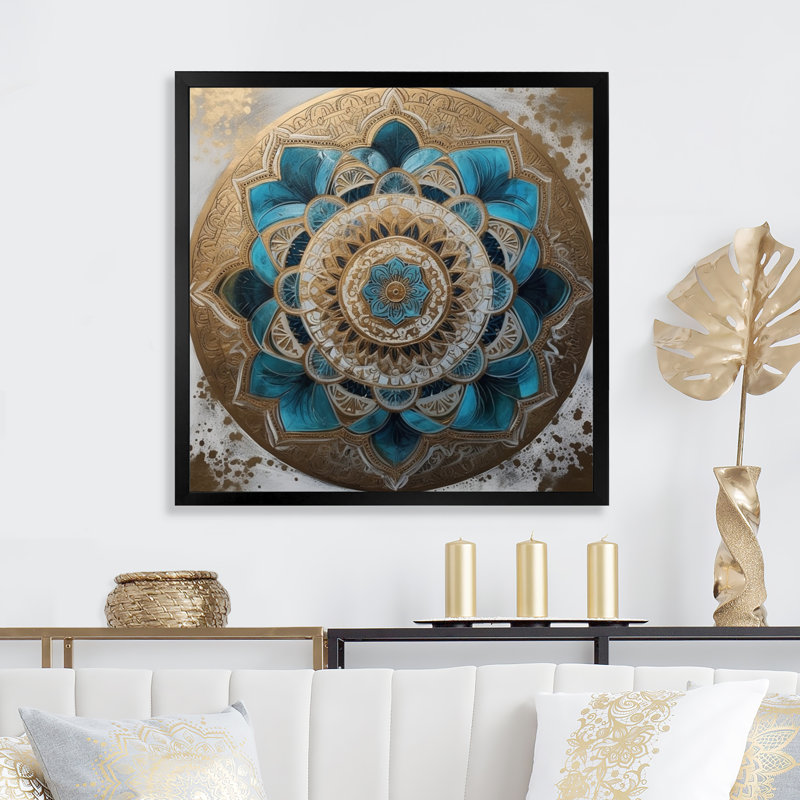 Mandala bleu et or III sur toile, Cadre d'angle fermé noir, H 16 po x l 16 po x P 1 po