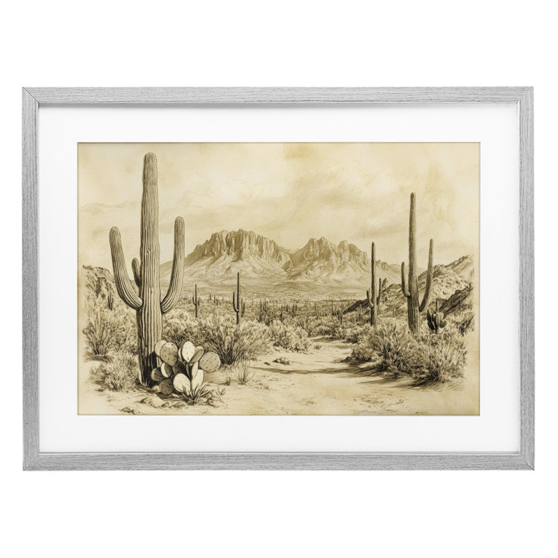 Cactus Road, désert rétro, reproduction encadrée sous verre, design par Petal Prints Design, H 14 po x l 20 po