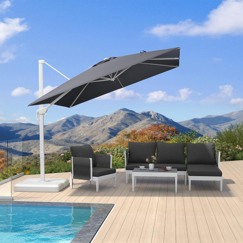 Parasol en porte-à-faux carré gris clair 9 pi avec base et rotation 360 ° Ronak, Gris clair, L 108 po x P 108 po