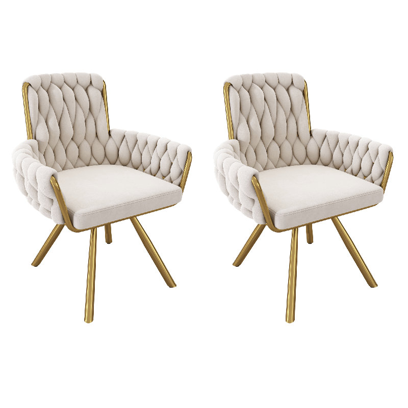 Set of 2 Velvet Swivel Dining Chairs with Armrests, Upholstered Accent Armchairs with Metal Legs, Modern Living Room & Bedroom Chairs, Beige
