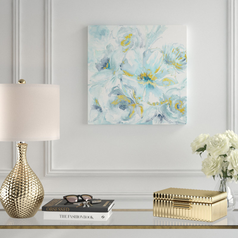 Watercolour Blues With Gold Leaf - Wrapped Canvas Painting, 30cm H x 30cm W