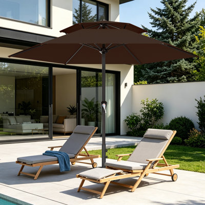 Parasol de patio à 2 niveaux en acier 10 pi avec système de levage à manivelle et 6 parasols de table résistants et imperméables parfaits pour la piscine, la terrasse, la plage et le restaurant extérieur, brun