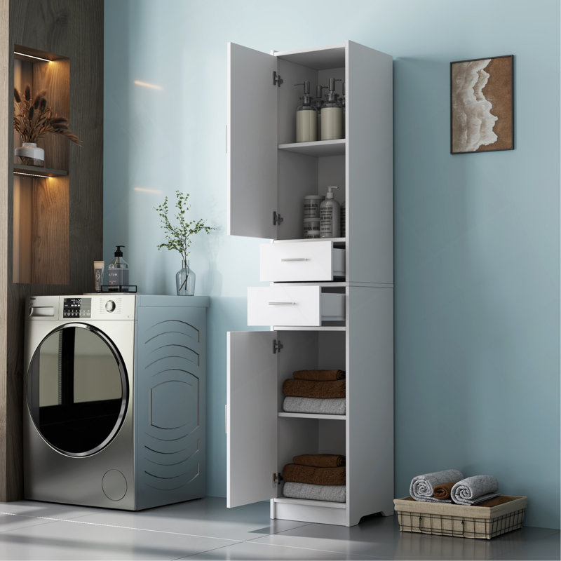 Armoire de rangement pour salle de bain de 70,87 po de hauteur avec 2 portes et 2 tiroirs, unité de rangement étroite, tablettes réglables, armoire de plancher pour salle de bain, salon, entrée, cuisine, blanc