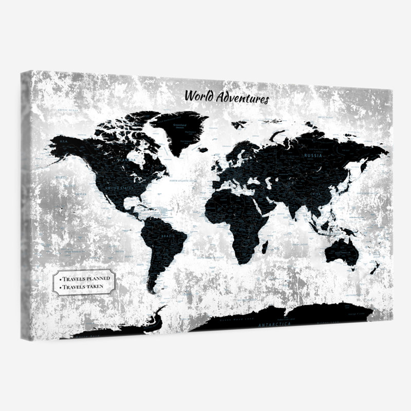 Travels planifiés et pris, punaise World Alvertia, H 8 po x l 12 po