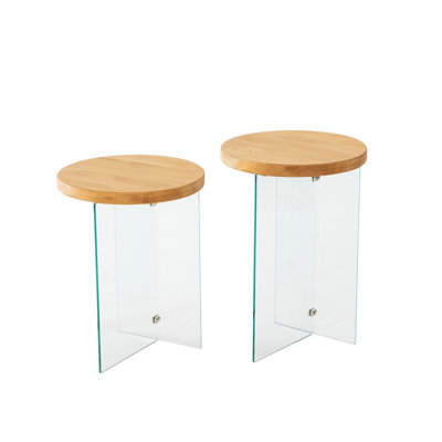 Modern Coffee Table Set (2 Pieces), Oak & Transparent Finish, 13.8 x 20.1 x 20.1 Inches & 13.8 x 18.1 x 18.1 Inches | 100% Tempered Glass Top, 100% MDF Frame | Stylish & Functional for Living Room, Contemporary Design