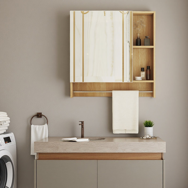 Armoire à pharmacie de salle de bain avec miroir 2 en 1 avec 4 compartiments de rangement et porte-serviettes