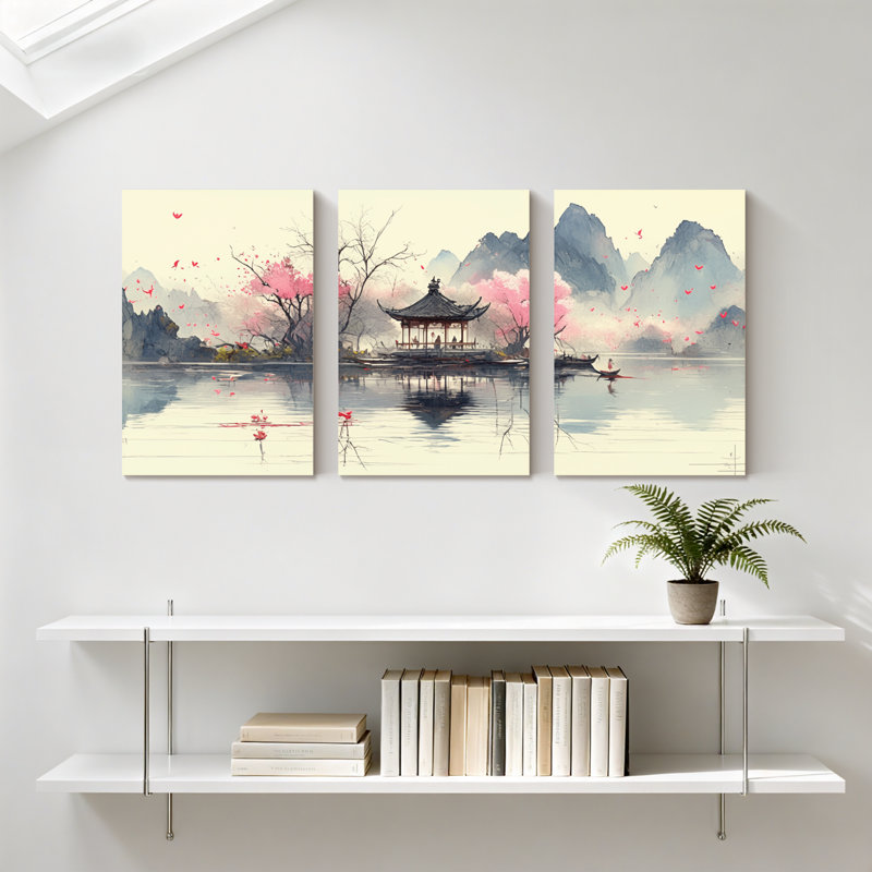 Paysage et nature, ensemble de 3 reproductions d'art sur toile, "Cherry Blossom Pavilion Lake Mountains Reflection Birds"