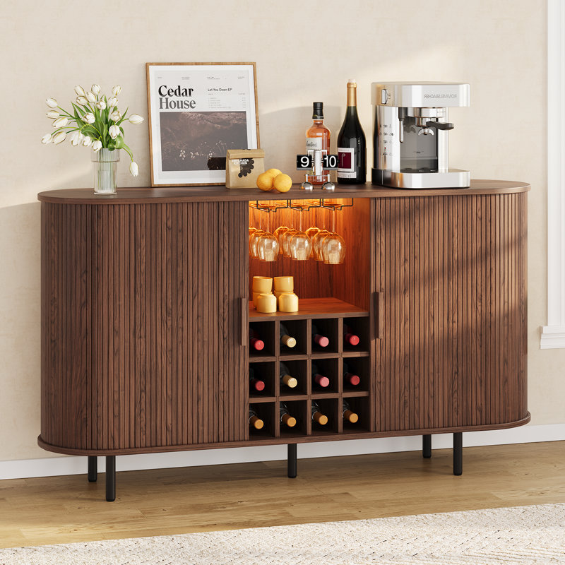 63'' Wine Bar Cabinet With RGB Lights & Charging Station, Liquor Whiskey Coffee Station With Wine Glass Holder & Wine Rack