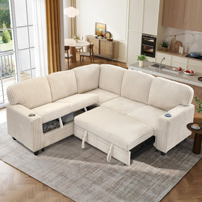 L-Shaped Sectional Sofa Bed With Pull-Out Bed & Storage, 5-Seat Sleeper Couch With USB Charging, Convertible Design For Living Room, Apartment, Cordur by Mercer41